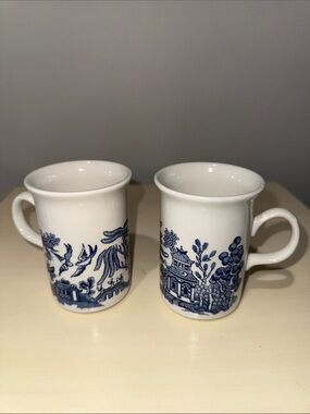 Blue & White Blue Willow Churchill Ceramic Mugs with Oriental Scene (Set of 2)